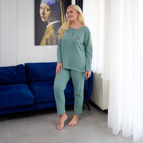 PLUS SIZE Γυναικεία πυτζάμα  βαμβακερή  με φούτερ επένδυση 1912
