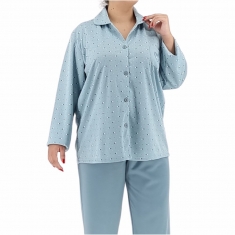 PLUS SIZE Γυναικεία πυτζάμα βαμβακερή με φούτερ επένδυση και κουμπιά 3555